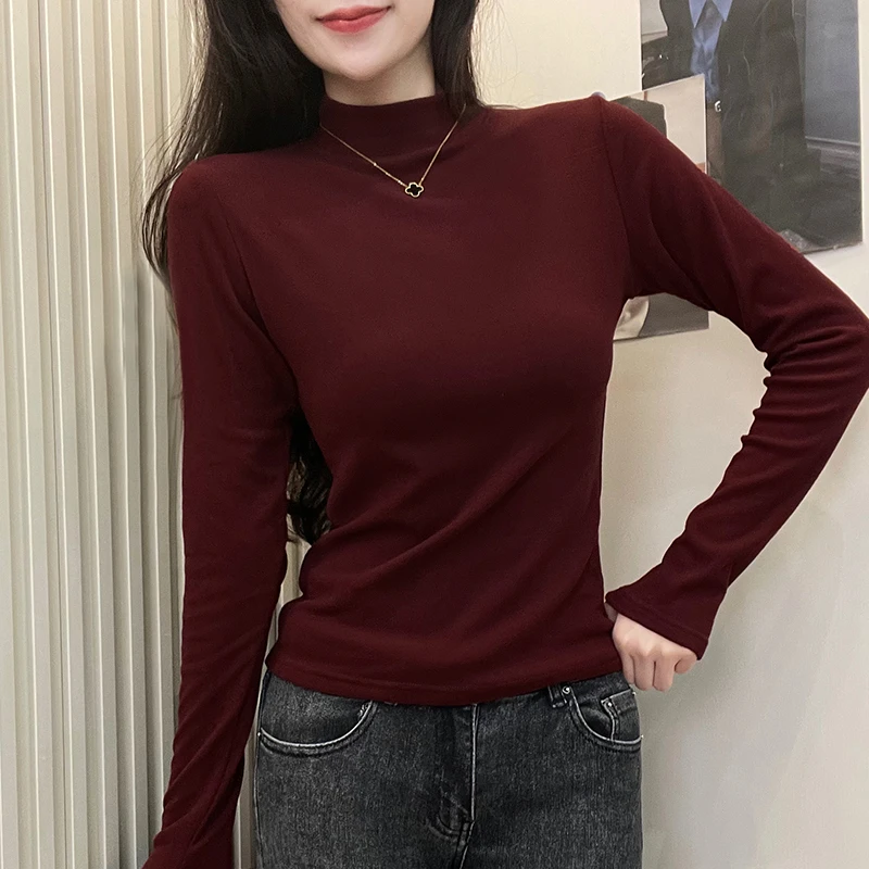 双面磨毛绒半高领打底衫女内搭长袖显瘦秋冬纯色百搭保暖长袖上衣