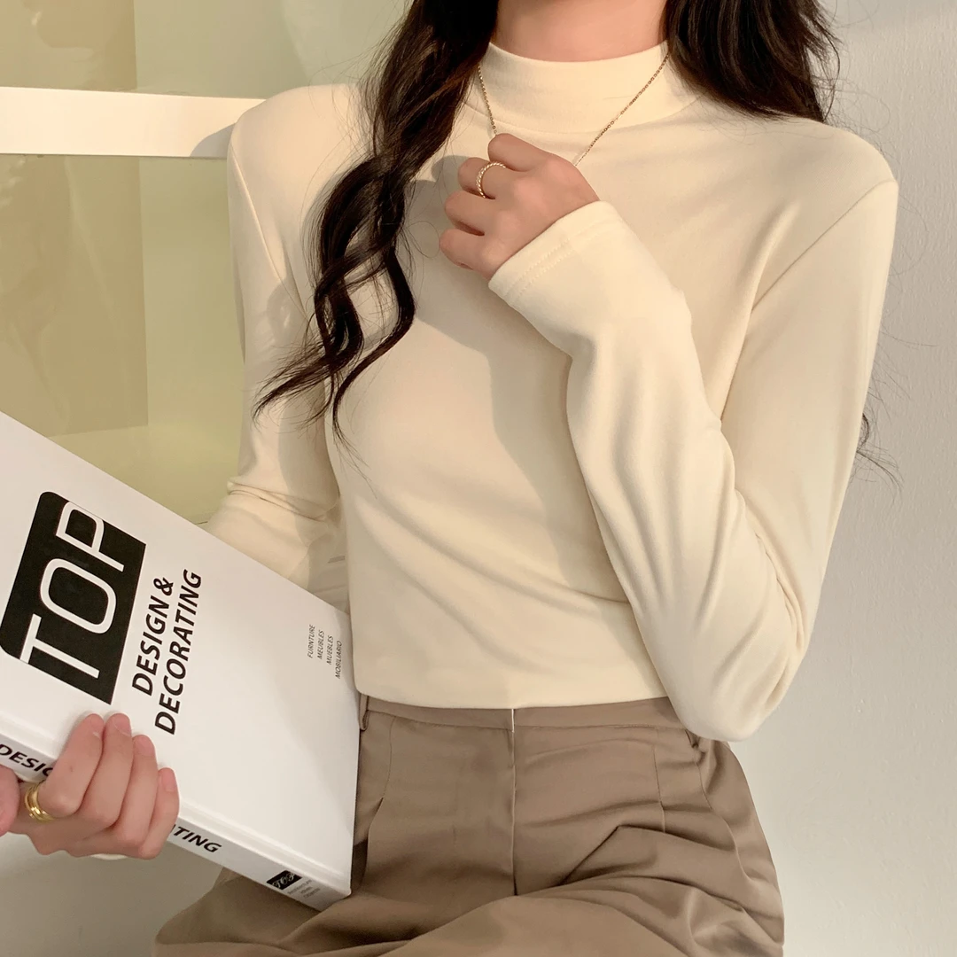 双面磨毛绒半高领打底衫女修身保暖内搭长袖正肩上衣秋冬季韩版