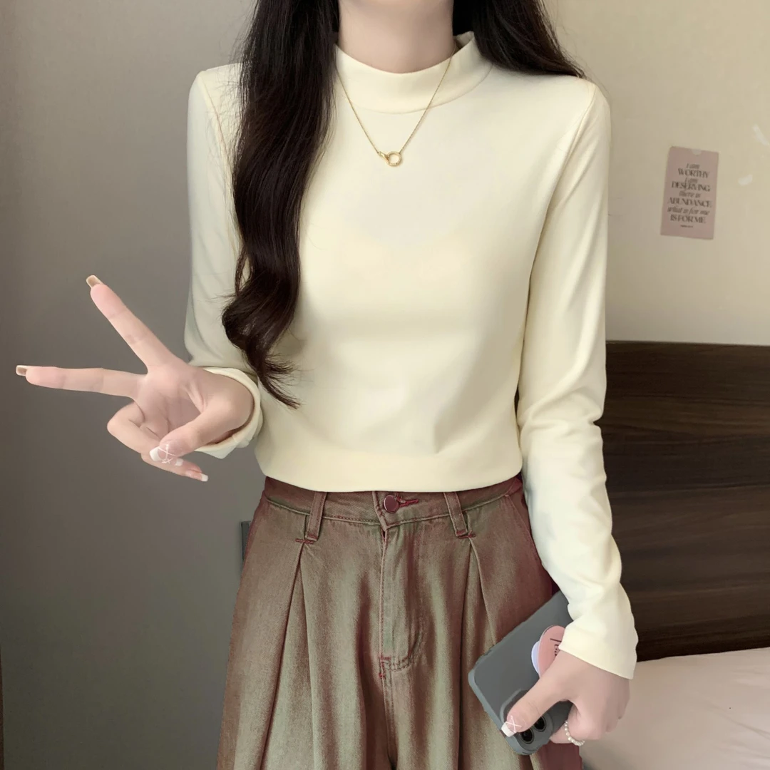 双面磨毛绒打底衫女百搭内搭长袖上衣秋冬季半高领修身显瘦上衣