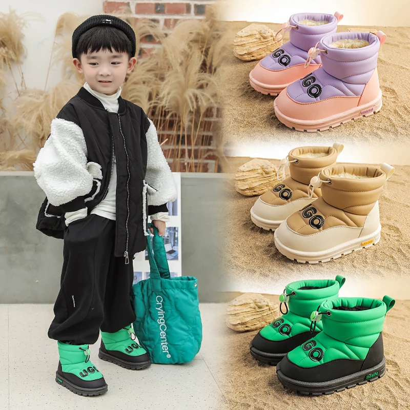 冬季新款儿童雪地靴PU皮防水男女童高级靴子男童短靴棉鞋加绒防滑