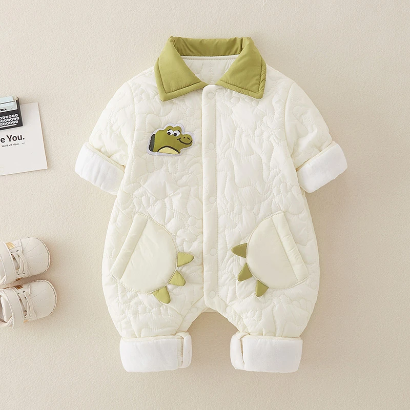 婴儿深秋外套洋气卡通加绒爬爬服新生儿秋冬男宝宝薄绒棉衣连体衣