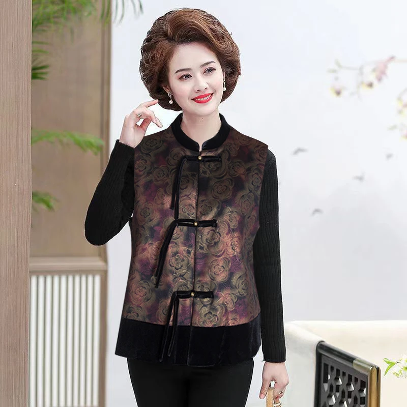 中式国风棉马甲盘扣提花妈妈复古新款2024新款中老年背心坎肩外套