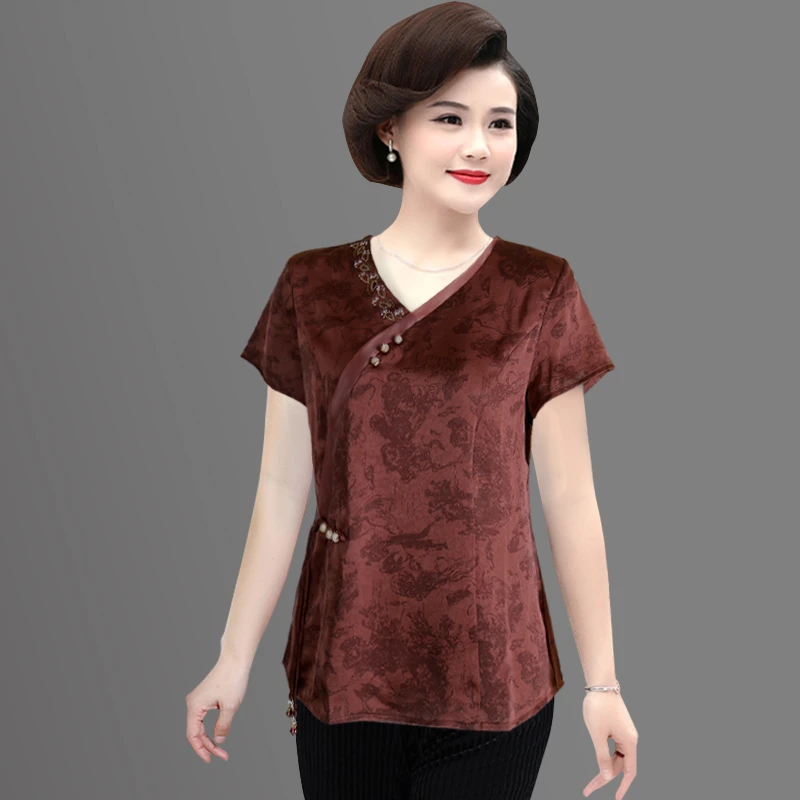 香云纱夏季新款V领上衣女中年妈妈装桑蚕丝显瘦中式高贵真丝小衫