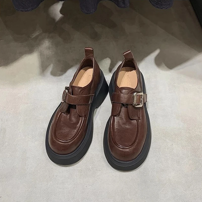 【匠心品质】秋冬新款水洗马皮圆英伦风一脚蹬粗跟乐福单鞋小皮鞋