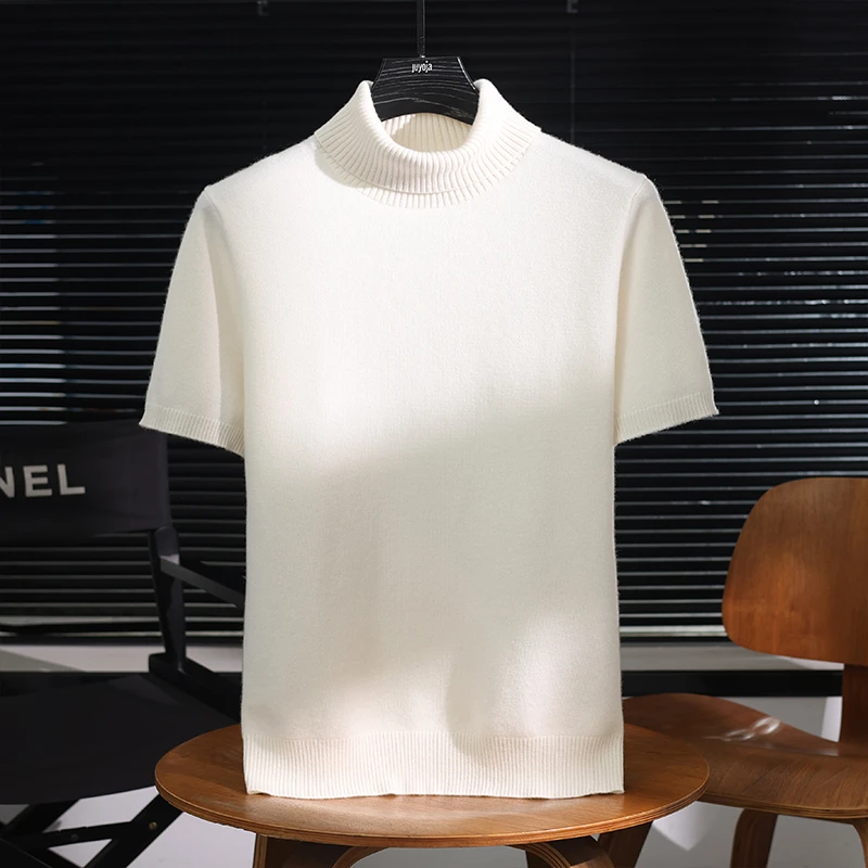 高领短袖T恤男100%纯羊绒衫秋冬针织打底套头体恤衫半袖翻领毛衣