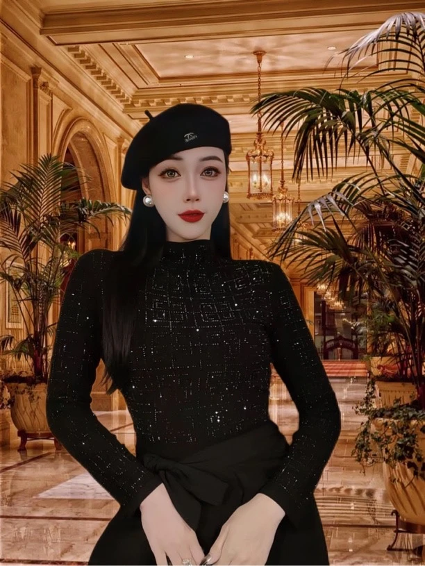 秋冬修身打底衫（方块）洋气衣服女黑色修身显瘦百搭气质女内搭镶钻