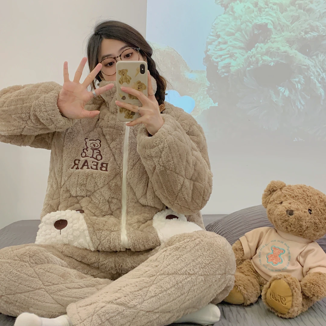 （5度-零下10度三层夹棉）冬季加厚加绒孕妇睡衣珊瑚绒月子服哺乳衣
