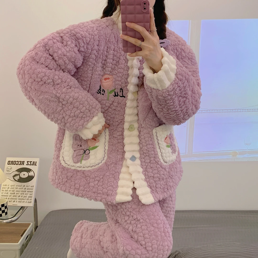 （5度-零下10度三层夹棉）冬季加厚加绒孕妇睡衣珊瑚绒月子服哺乳衣