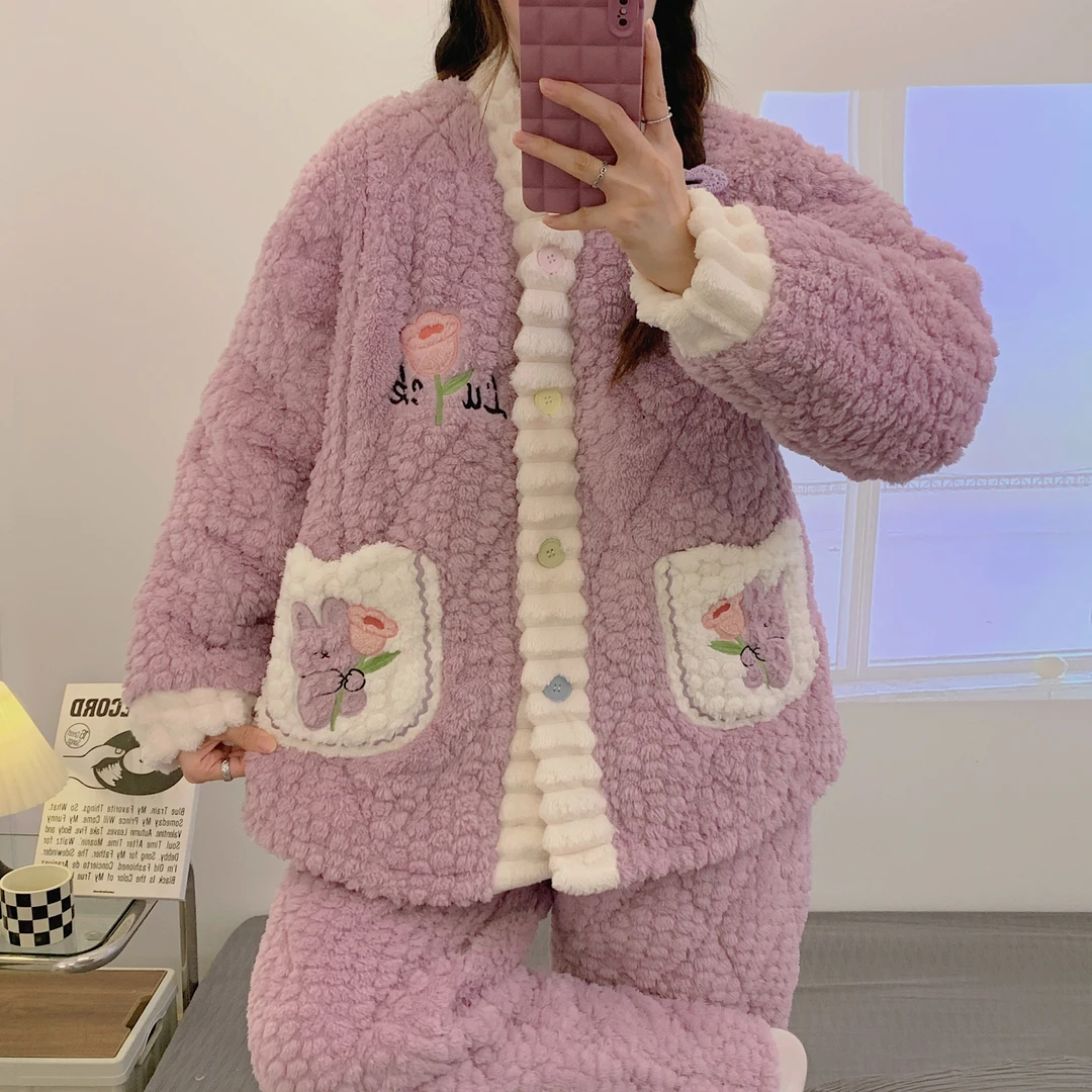 (三层夹棉5度-零下10度)冬季加厚加绒孕妇睡衣珊瑚绒月子服哺乳衣
