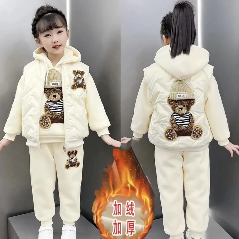 女童三件套装加绒深秋冬装2025新款儿童时髦加厚冬季大童卫衣反季