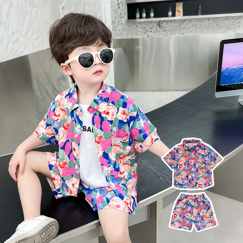 男童夏装洋气花衬衫套装2024新款时尚男孩沙滩度假夏季短袖两件套