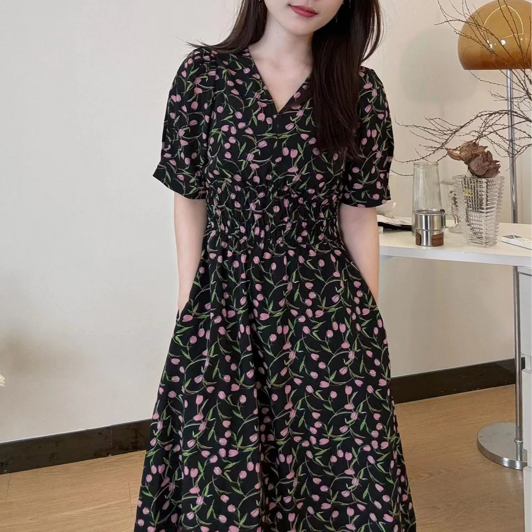 「郁金香」小个子碎花韩版连衣裙法式夏季气质中长款收腰复古