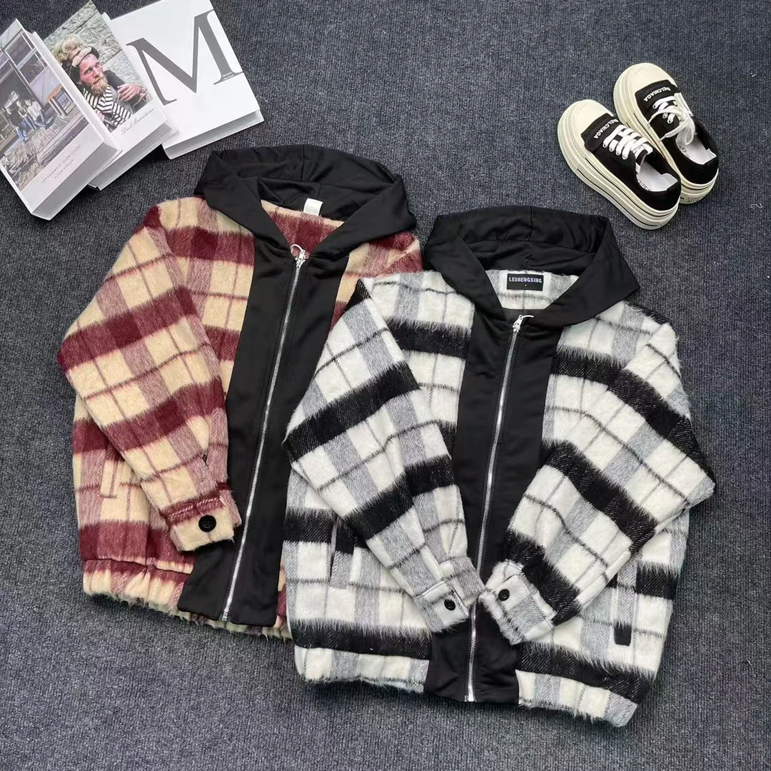 时尚美式潮牌假两件格子外套痞帅宽松休闲男女同款  017