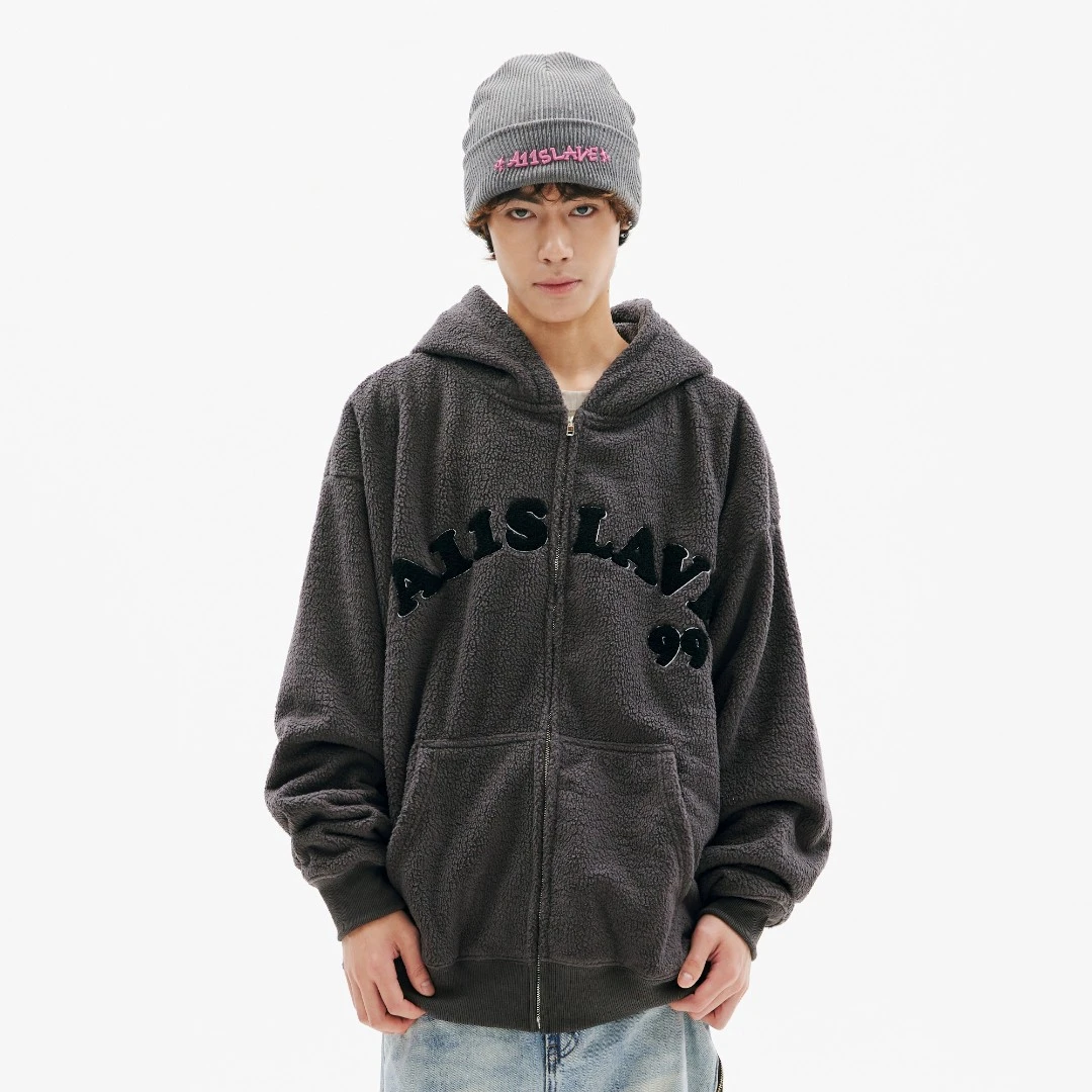 A11SLAVE秋冬款美式字母logo毛巾绣拉链帽衫羊羔绒加厚外套情侣款