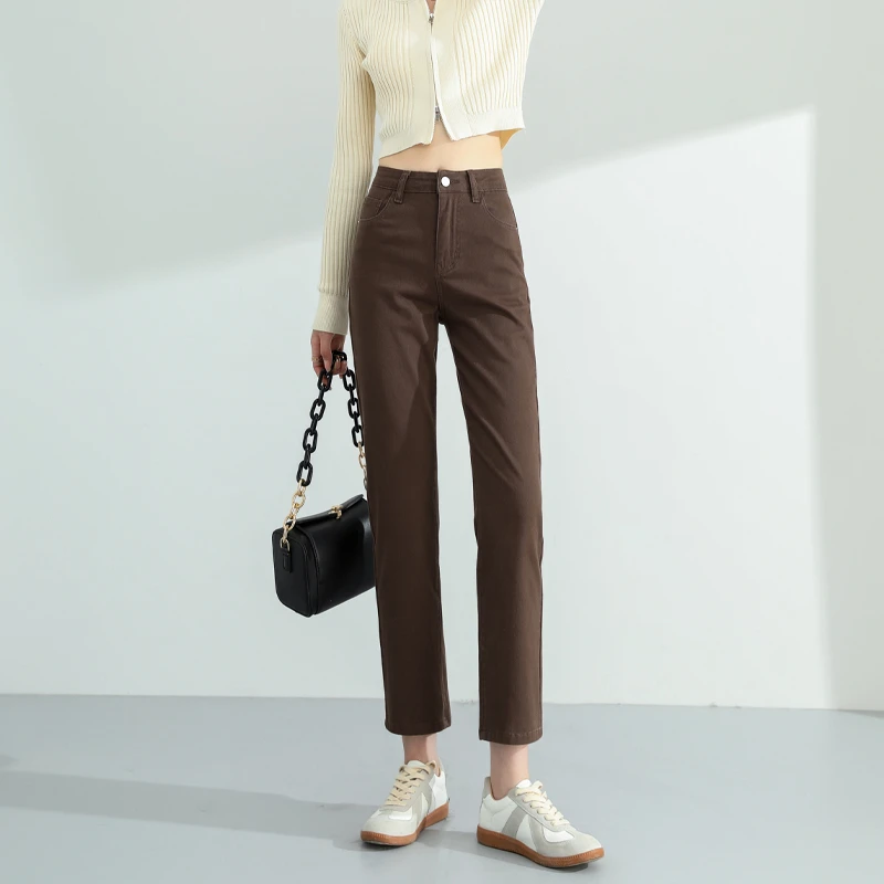 2023秋冬季新品椰棕色新色系小众设计感高腰宽松显瘦直筒牛仔裤女