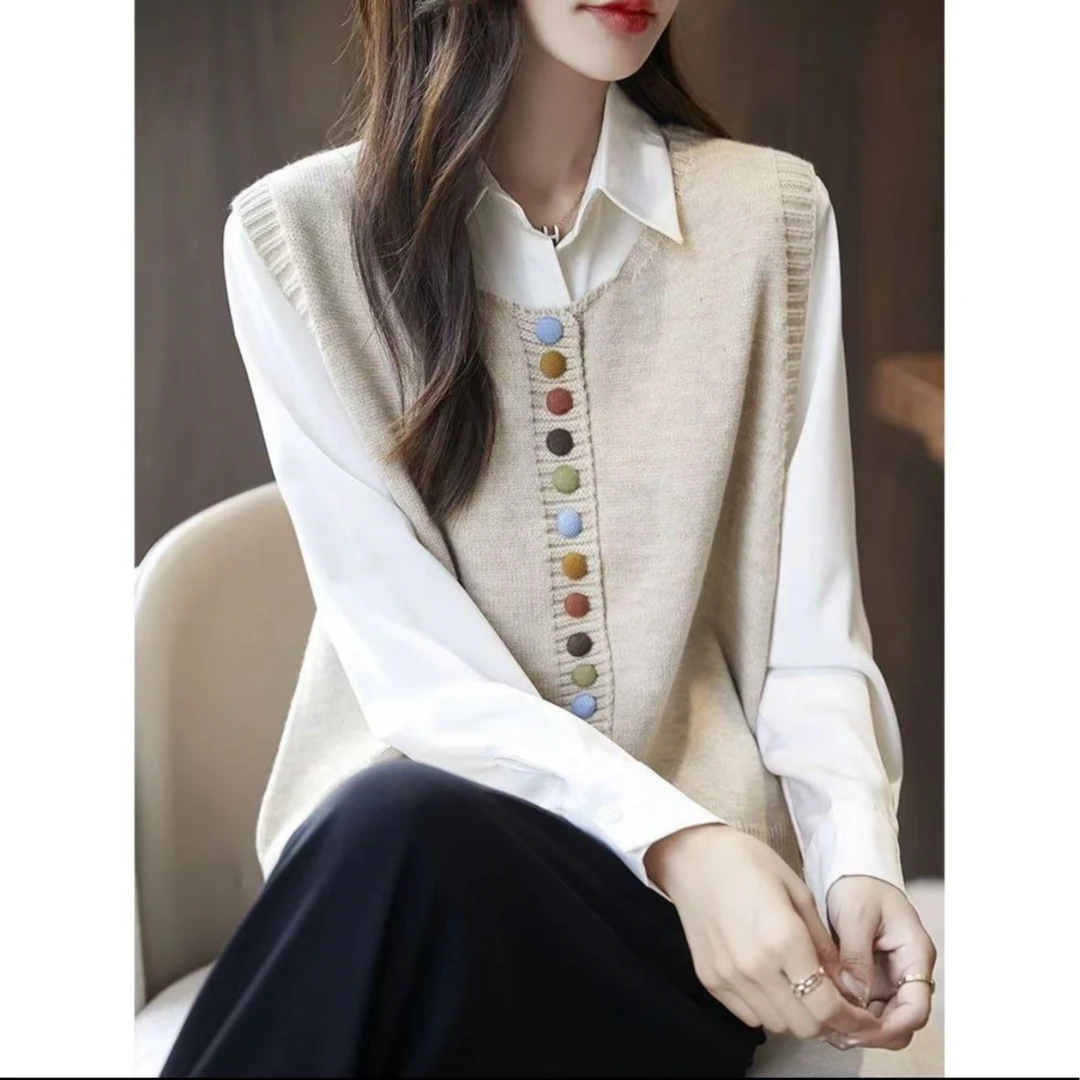 【七彩宝石扣马甲】春秋新款圆领领针织马甲背心