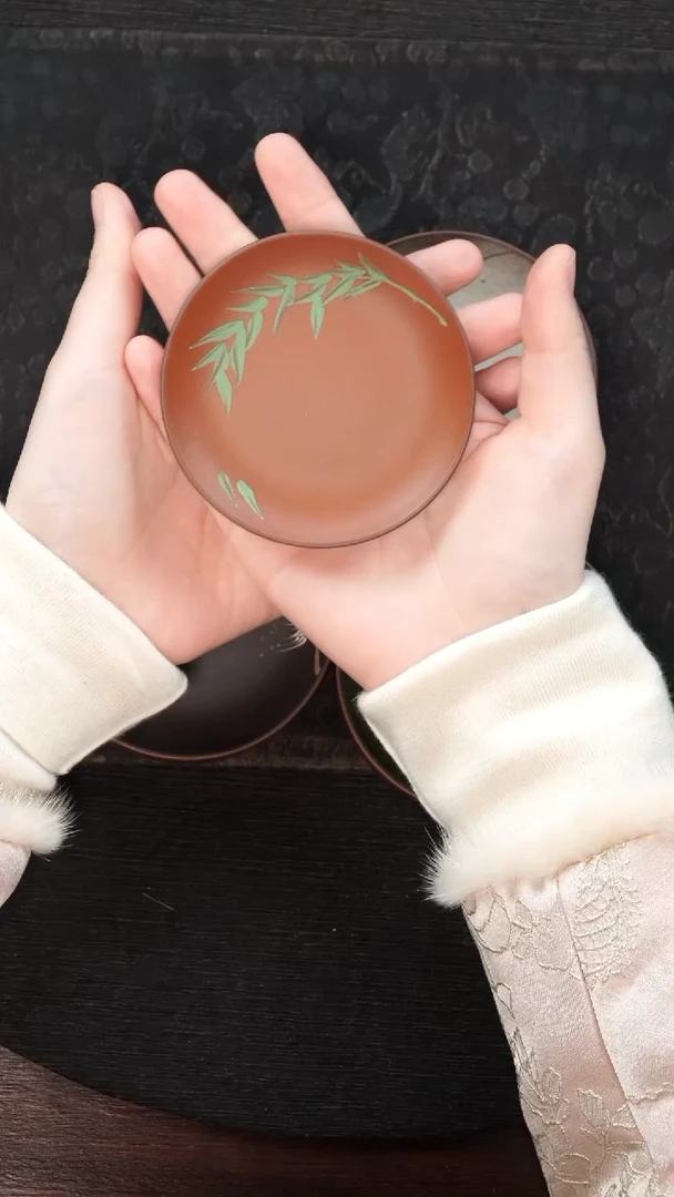 【闪购商品】紫砂茶叶罐小杯垫朱泥泥绘竹叶