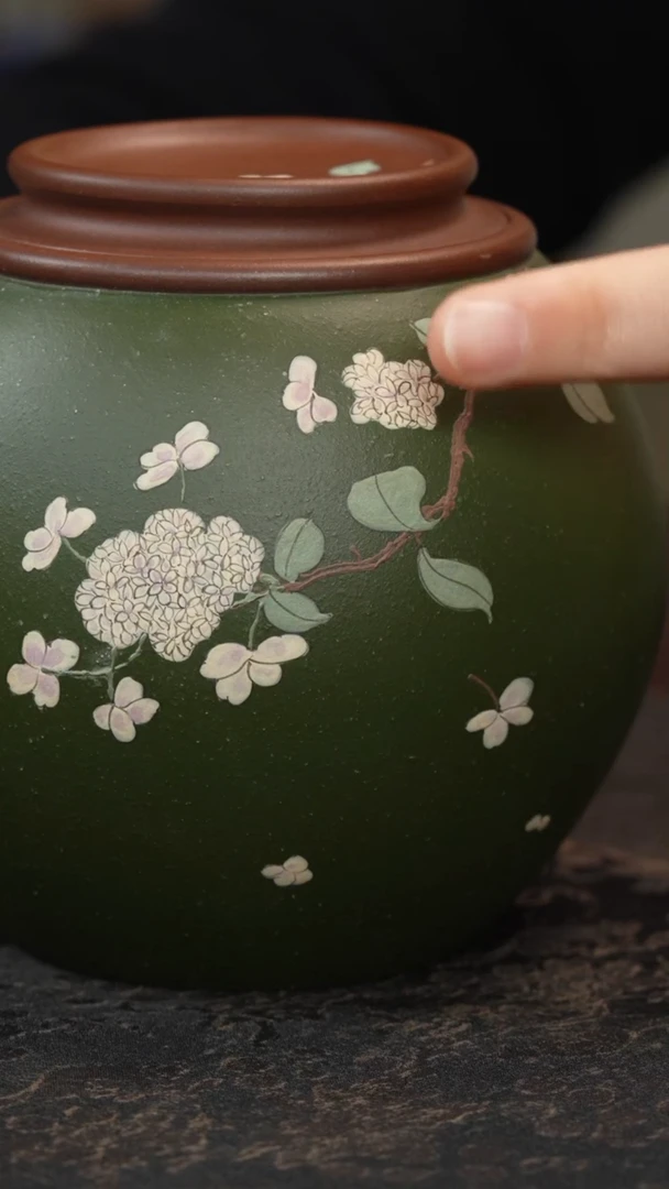 【闪购商品】紫砂茶叶罐无钮瓦罐造型绿泥小罐泥绘花