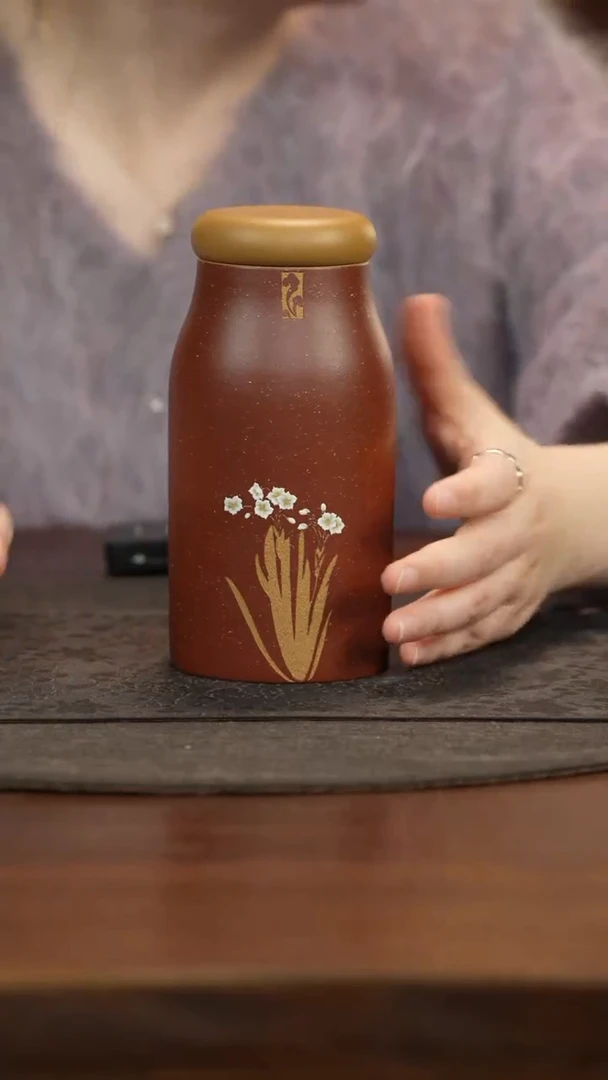 【闪购商品】紫砂茶叶罐奶瓶罐定海棠红泥绘兰花