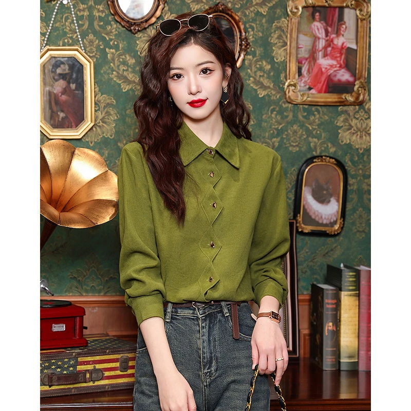 港风复古POLO领长袖绿色衬衫女2024早秋新款不规则设计感百搭上衣