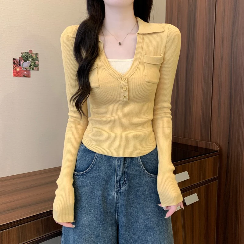 假两件翻领打底针织衫女春季新款设计感修身显瘦纯欲甜辣长袖上衣