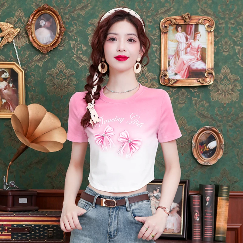 时尚个性简约修身T恤女夏季新款圆领扎染印花钉钻百搭短款上衣