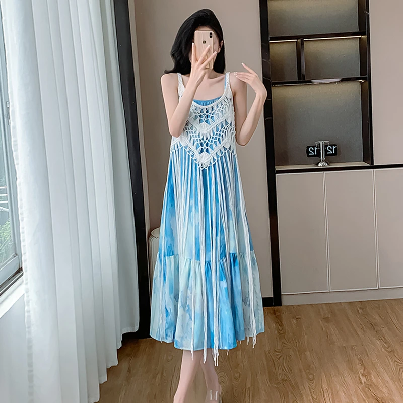 质连衣裙+编织流苏罩衫夏季新款气宽松吊带显瘦度假风晕染长裙