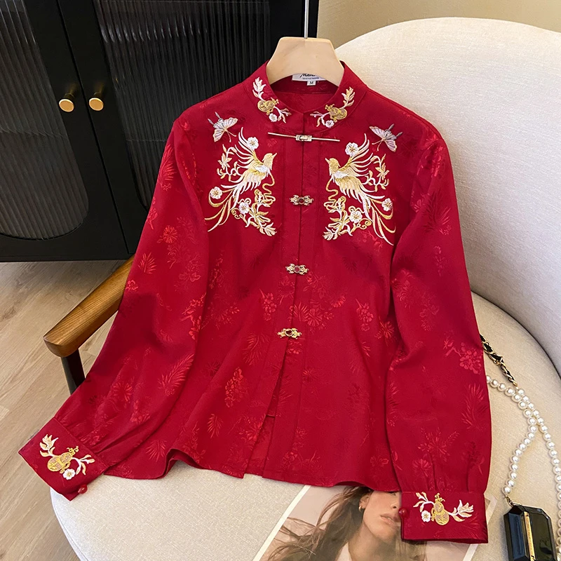 新中式国风盘扣刺绣衬衫女款气质服装修身显瘦上衣别致漂亮衬衣