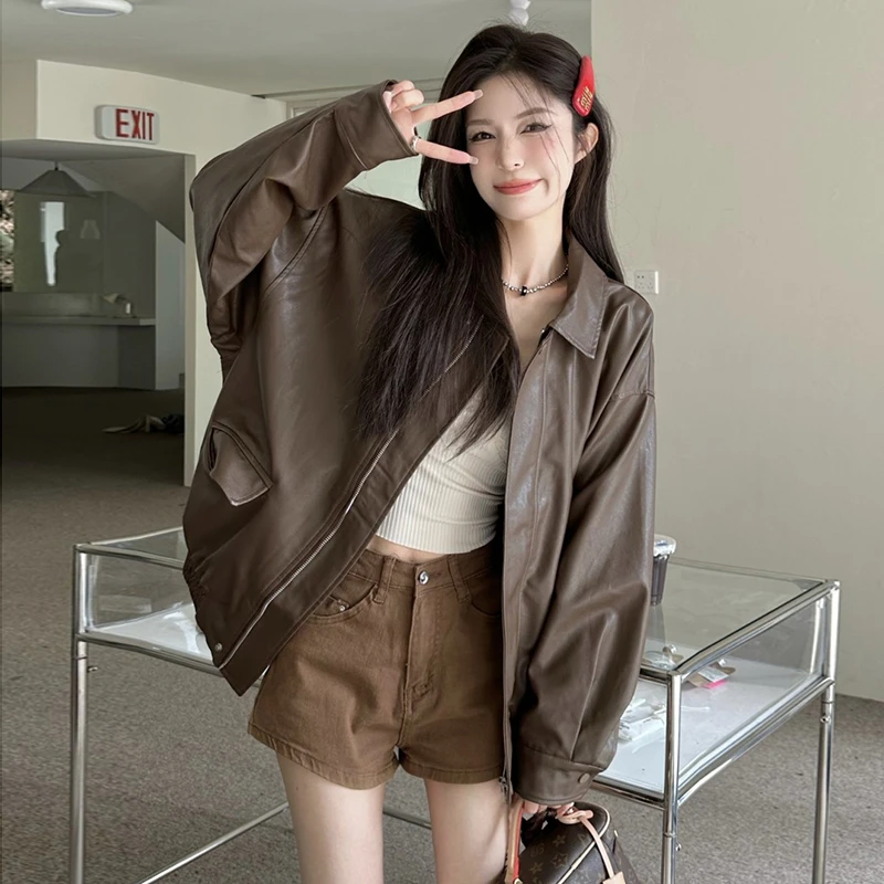 美式复古皮衣夹克外套女秋冬新款PU皮机车风宽松修身百搭长袖上衣