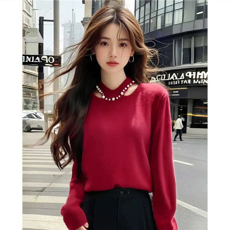 重工钉珠镂空长袖针织衫毛衣女春季新款宽松半高领挂脖打底衫上衣