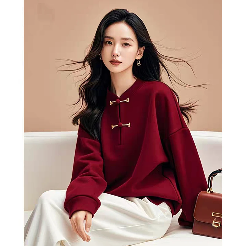 新中式轻国风盘扣卫衣女春季新款安可拉红长袖上衣红色本命年衣服