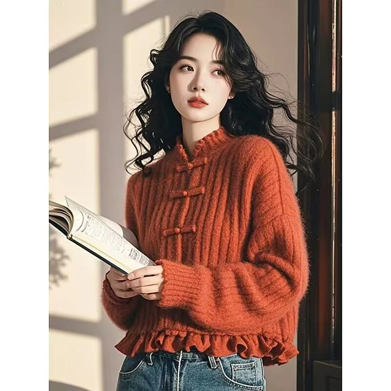 新中式国风毛衣女士春季新款慵懒风设计感独特别致针织衫长袖上衣
