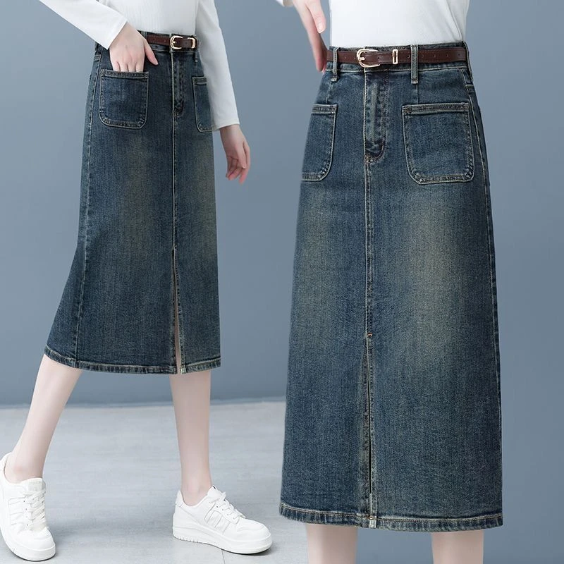2025年新款春夏牛仔裙半身裙女中长款高腰显瘦前开叉包臀a字半裙