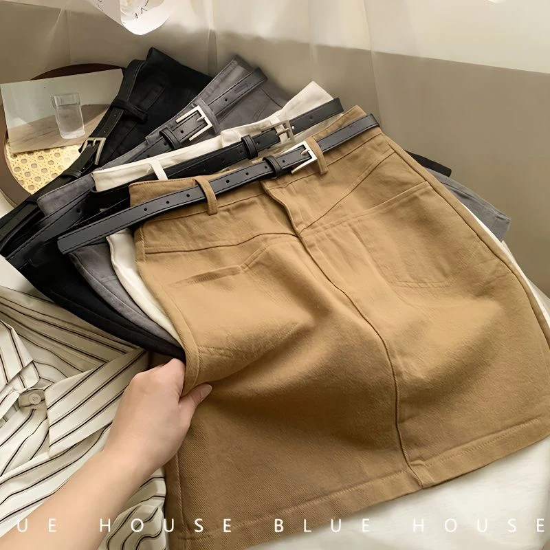 2025年复古卡其色牛仔棉高腰短裙女春夏A字裙包臀显瘦百搭半身裙