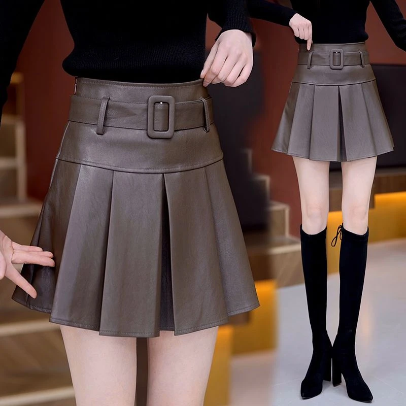 韩版时尚裙子PU皮短裙2025年秋冬新款高腰显瘦防走光百褶半身裙女