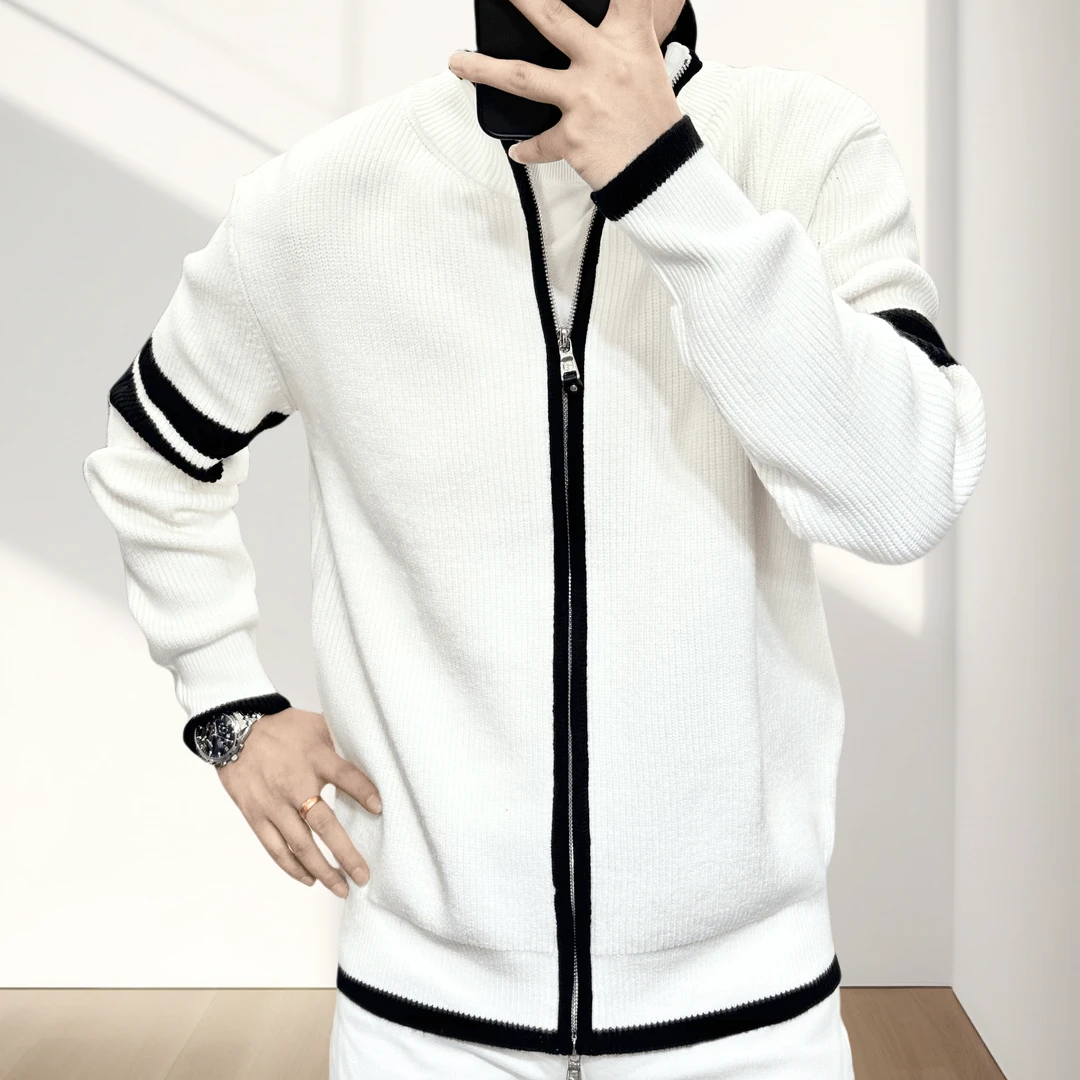 2025男士新品贴身毛衣休闲拼接双拉链修身秋季百搭针织外套开衫