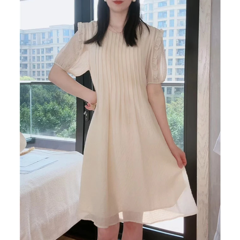 连衣裙显瘦时尚气质夏季宽松收腰韩版圆领休闲中裙减龄设计感裙子