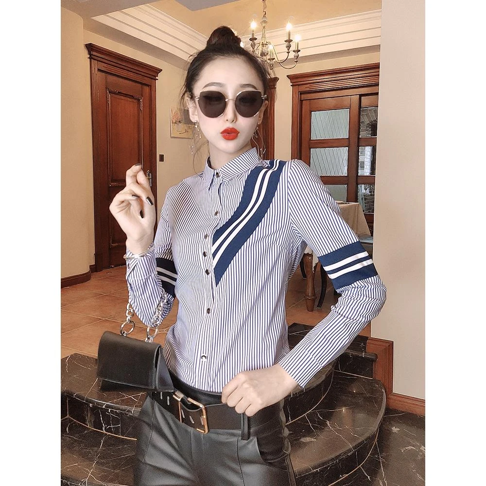 条纹衬衫女春秋2025新款修身显瘦韩版拼接长袖上衣翻领职业衬衣潮