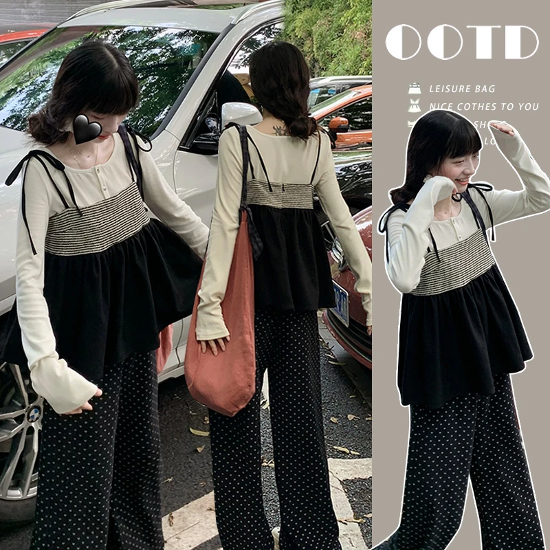 2024年秋装韩版吊带打底衫+阔腿裤三件套孕妇套装休闲宽松减龄