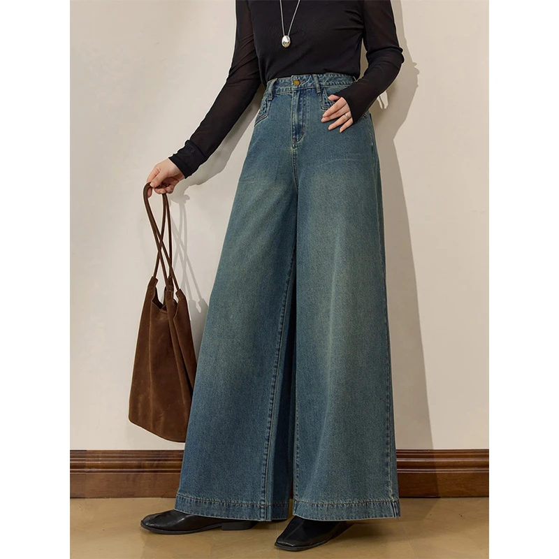 2025秋冬新款时尚百搭高腰显瘦宽松阔腿牛仔裤女休闲直筒长裤子潮