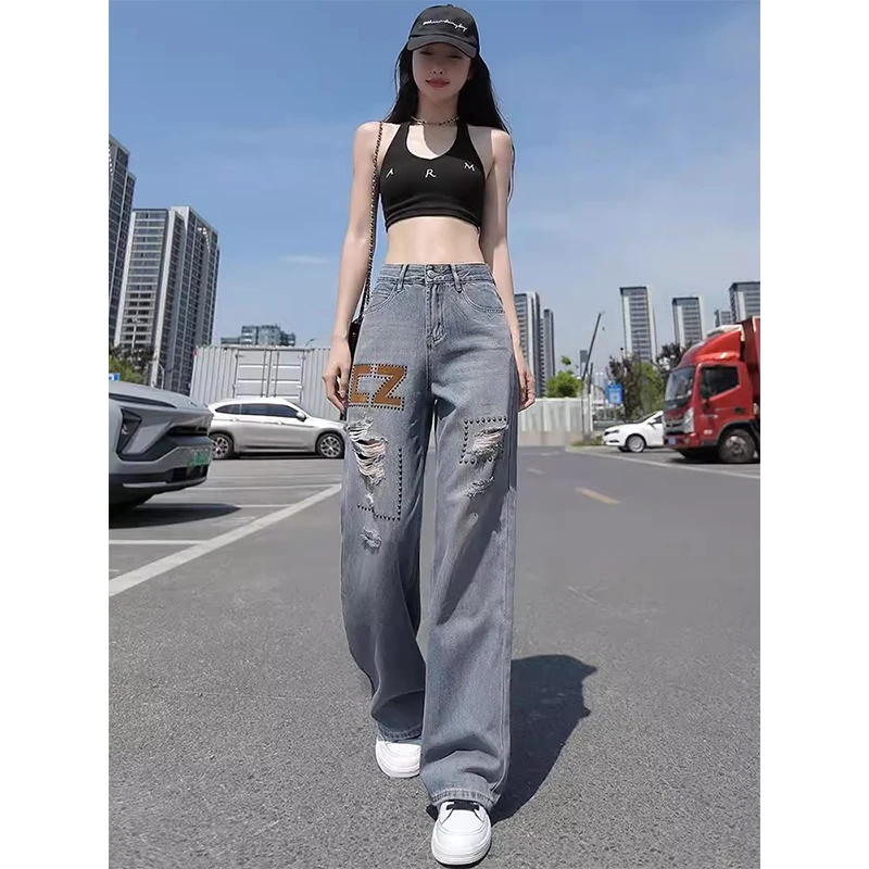 刺绣阔腿破洞牛仔裤女春夏新款宽松高腰钉珠高级设计感直筒拖地裤