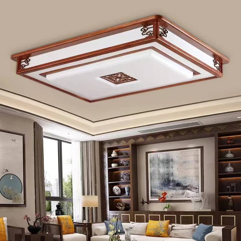 新中式吸顶灯长方形LED客厅卧室餐厅灯中国风实木仿古套餐灯具