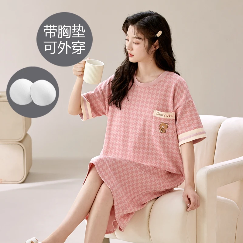 睡裙女士夏季自带胸垫纯棉免穿文胸防凸点家居服卡通薄款外穿睡衣
