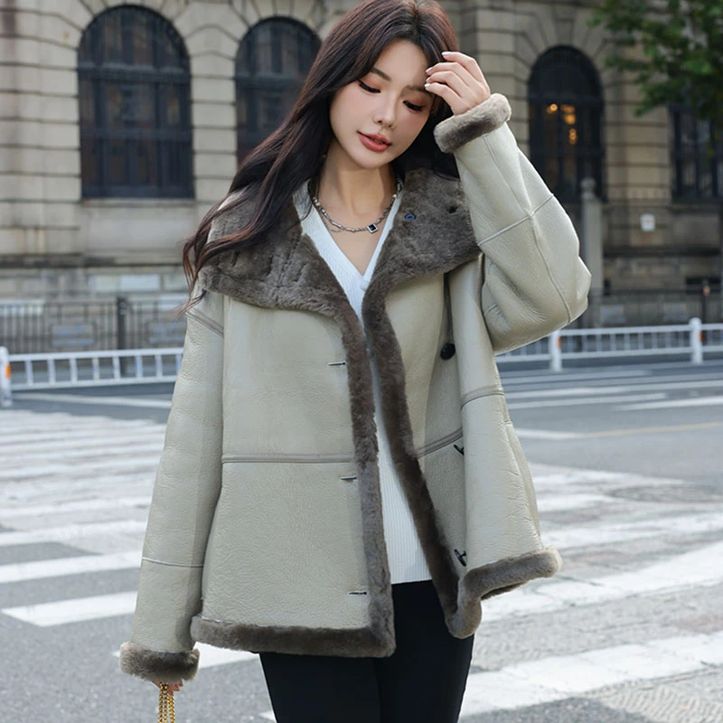 2024冬新款原生态皮毛一体时尚冬季外套女真皮短款立领羊羔毛皮草
