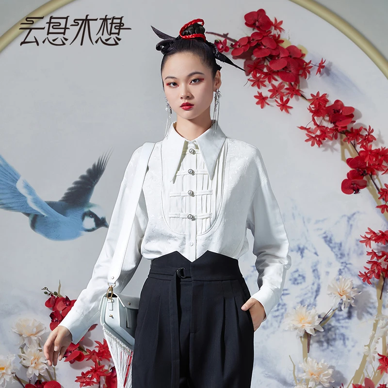 云思木想原创中国风2023秋季新款提花拼接压褶盘扣女士衬衫10841