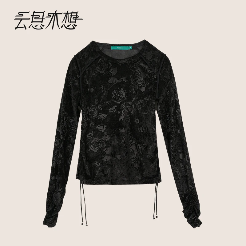 Ysimo-X云思木想摩登国风女装2024秋季新款侧边抽绳压花T恤12240