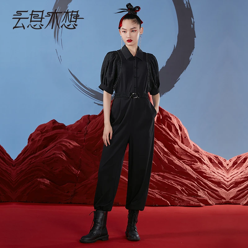云思木想原创中国风2023提花面料拼接时尚高腰连体裤10404