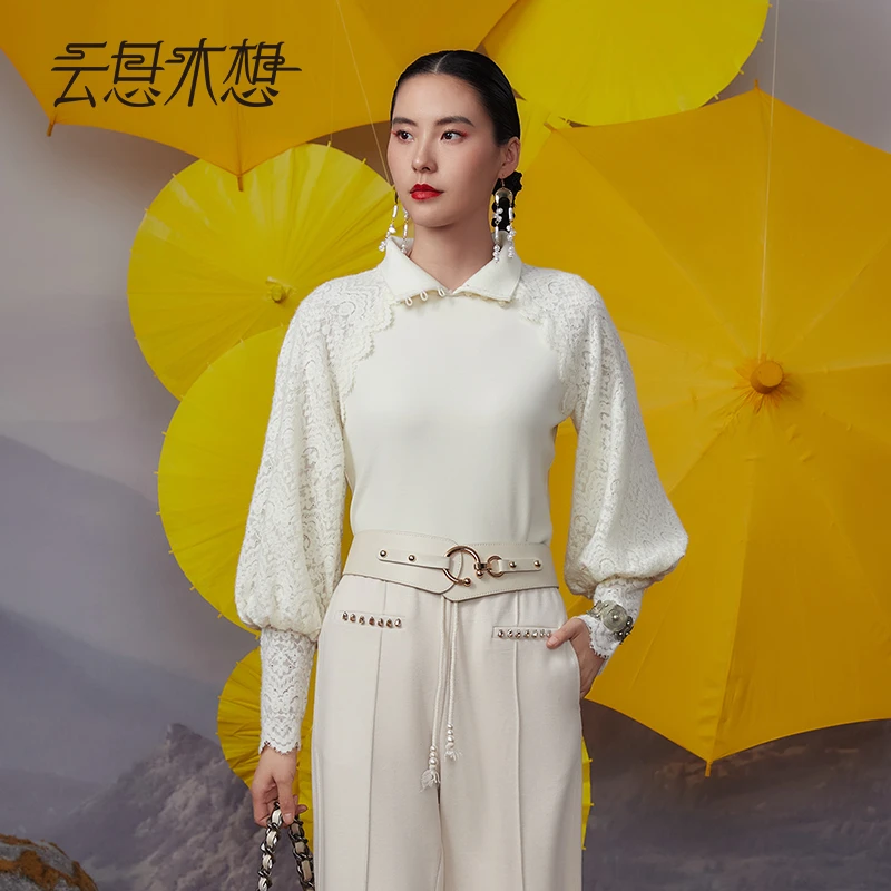 Ysimo-X云思木想 梦华云雅 罗纹蕾丝拼接针织时尚女士衬衫12508