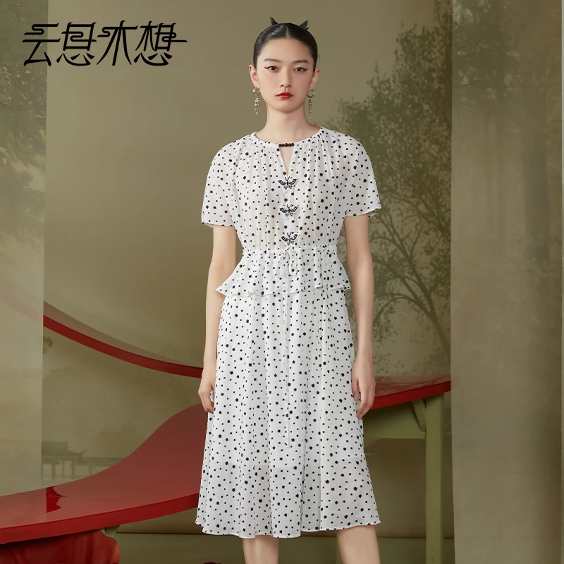 simo-X云思木想新中式2024夏季新款蝴蝶绣花抽绳雪纺连衣裙11899