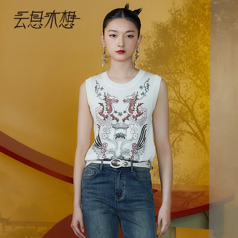 Ysimo-X云思木想新中式2024夏季新款水溶绣花圆领毛针织衫11594